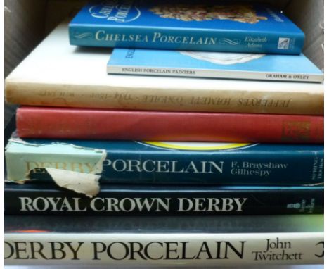 Derby and Chelsea porcelain reference books: 'Derby Porcelain' by John Twitchett, signed by the author, 'Royal Crown Derby' b