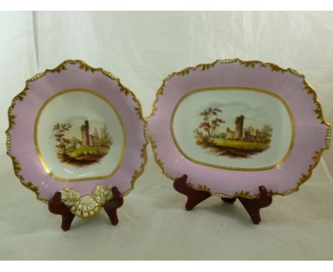 Two H & R Daniel porcelain dishes, Shrewsbury shape, with pink borders and decorated with scenes of ruins, with gilt detail, 
