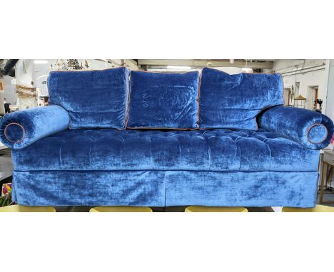 WILLIAM YEOWARD KING SOFA, blue velvet upholstered, orange detailing, 240cm x 100cm x 90cm. 