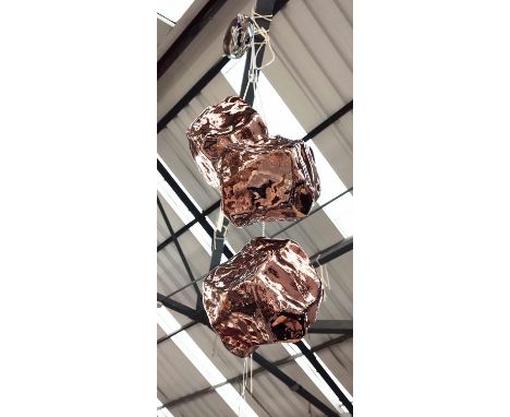 CEILING LIGHT, each 30cm across approx., contemporary, three branch with copper coloured glass shades in the form of rocks. 