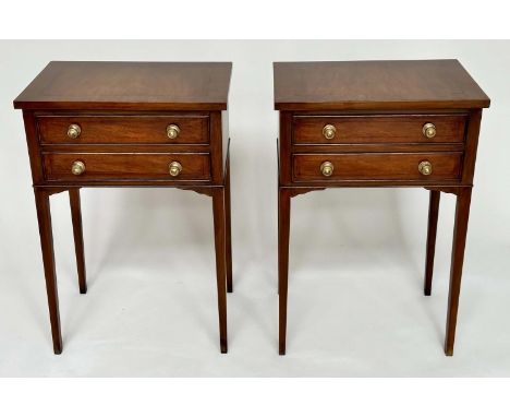 LAMP TABLES, a pair, George III design figured walnut, each crossbanded with two frieze drawers and tapering supports, 49cm W