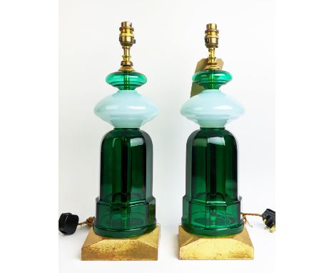 CENEDESE MURANO GLASS TABLE LAMPS, a pair, with an alexandrite glass centres which changes colour depending on light, vintage
