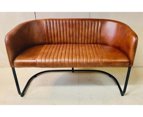 SOFA, 76cm high, 116cm wide, 55cm deep, brown ribbed antiqued leather, metal base. 
