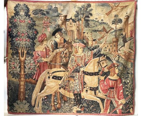 WALL HANGING, 16th century style, Tapestry style depiction of courtly hunting scene, 212cm H x 241cm W. 