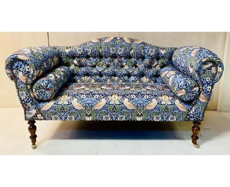 SOFA, 78cm high, 136cm wide, 55cm deep, Victorian style, deep buttoned back, upholstered in William Morris style fabric, with