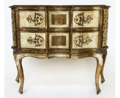 FLORENTINE COMMODE, mid 20th century Italian Florentine serpentine outline cream parcel gilt with two drawers, 100cm x 40cm x
