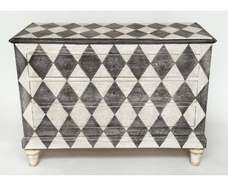HARLEQUIN COMMODE, French 19th century style craquelure harlequin painted with four long drawers and turned front supports, 1