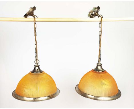 A PAIR OF HOLOPHANE OPAQUE GLASS LIGHT SHADES, each measuring 22cm H shade and gallery, 37cm H chain, 33cm D. (2) 