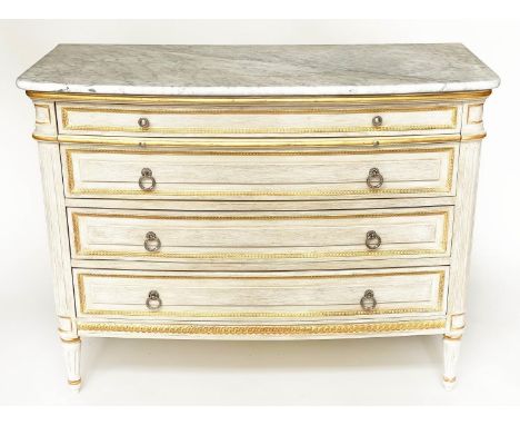 COMMODE, French Louis XVI style grey painted and parcel gilt with four long drawers and slide with fluted supports, 110cm W x