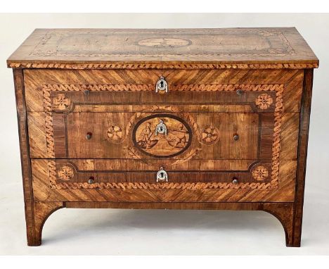NORTH ITALIAN COMMODE, 18th century Lombardy walnut and marquetry commode with three drawers, circa 1800, 122cm W x 85cm H x 