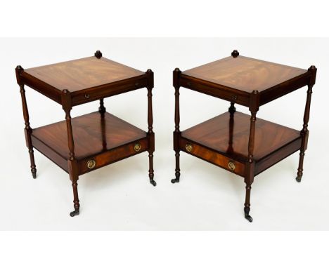 LAMP TABLES, a pair, George III design, flame mahogany, each with brushing slide, undertier and a drawer, 45cm x 60cm H. (2) 