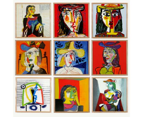 AFTER PABLO PICASSO, a set of nine, colour portraits of women on cotton, 44 x 44 cm each. (9) 