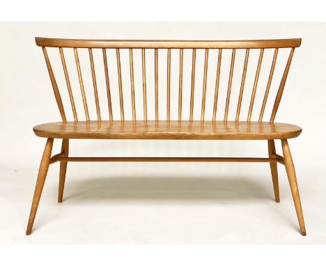 'ERCOL' HALL BENCH, 1970s beech and elm with slightly arched spindle-back attributed to 'Ercol', 115cm W. 