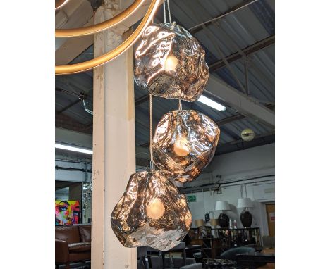 CEILING LIGHT, contemporary three branch with glass shades, in the form of rocks, 150cm drop approx. 