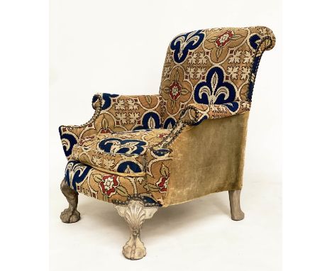 ARMCHAIR, early 20th century Queen Anne style walnut with 'trefoil' tapestry upholstery and carved cabriole supports, 82cm W.