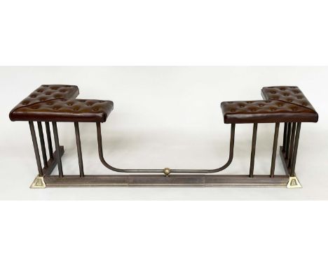 CLUB FENDER, vintage buttoned mid brown leather seat pads raised upon shaped adjustable brass balustrade. Internal extended m