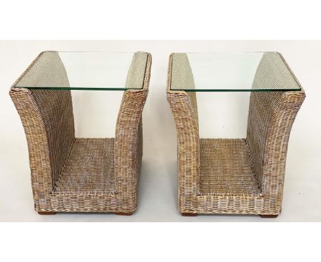LAMP/OCCASIONAL TABLES, a pair, 1970s woven cane and rattan frame of 'U' form with beveled strengthened glass, 54cm x 54cm x 