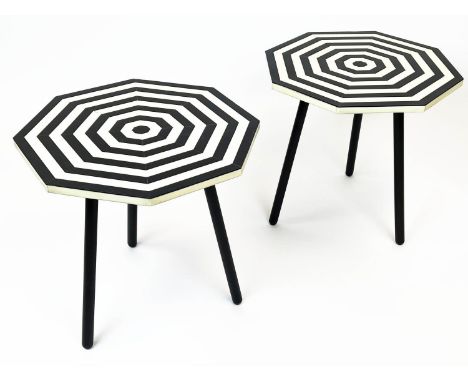 LAMP TABLES, a pair, 1970s Italian design octagonal inlaid tops on tripod metal legs, 47cm H x 47cm x 47cm. (2) 