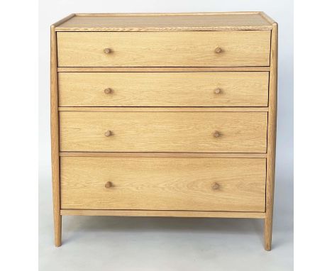 ERCOL CHEST, contemporary oak with four long drawers and shaped pillar supports stamped 'ERCOL', 92cm W x 42cm x 106cm H. 