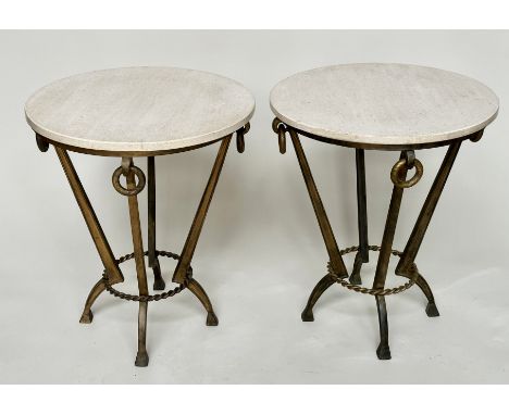 LAMP TABLES, a pair, Italian style circular travertine marble on bronzed metal bases, 55cm x 65cm H. (2) 