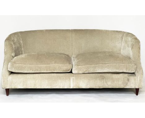 SOFA, oyster chenille upholstered crescent shaped with feather filled pads and tapering supports, 182cm W. 