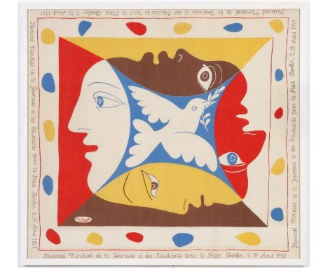 PABLO PICASSO, rare World Festival of Youth and Students for Peace Berlin, scarf on cotton 1951. (Subject to ARR - see Buyers