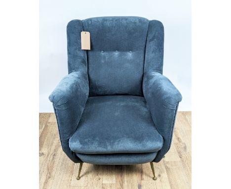 ARMCHAIR, vintage 20th century, later upholstered in blue fabric gilt metal, splayed feet, 92cm H x 74cm W x 80cm D. 