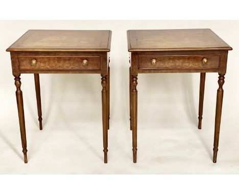 LAMP TABLES, a pair, George III design burr walnut and crossbanded each with frieze drawer and turned tapering supports, 59cm