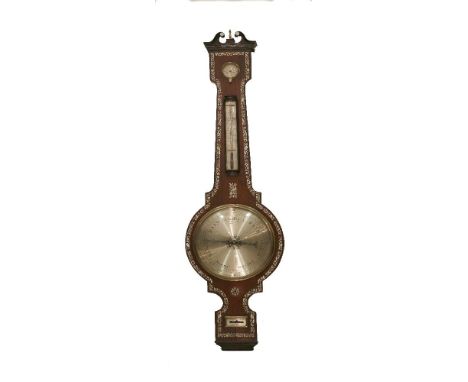 A Victorian rosewood wheel barometer,with mother-of-pearl inlay having a scrolled cornice over a hygrometer, thermometer, dia