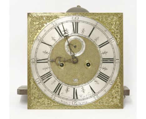 Jeremiah Hartley, Norwich,a longcase clock dial and movement,the square dial with cherub and crown spandrels, a silvered chap