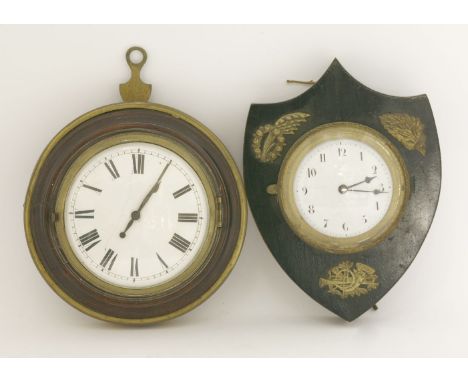 A sedan clock,the enamel dial within a brass-mounted turned mahogany bezel,16.5cm diameter, andanother,in a shield-shaped ebo