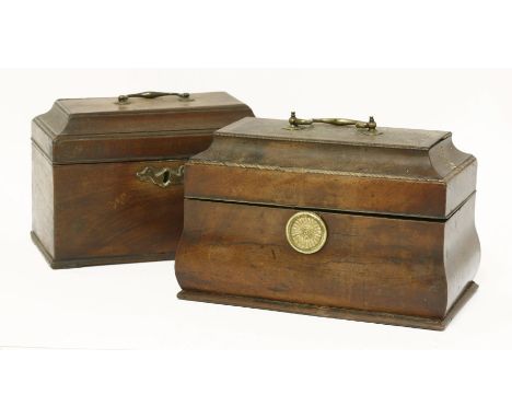 A George III mahogany tea caddy,one end sliding to reveal a hidden compartment, interior missing,23cm long, anda George III s