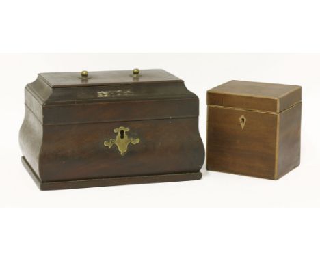 A George III mahogany tea caddy,of bomb‚ shape,25cm long, anda square mahogany single compartment tea caddy,11.5cm wide (2)