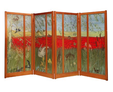 A modern pine four-panel screen by Diana Lamb,painted with an open rural landscape with a pond, birds and two rabbits in the 