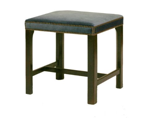 A Georgian style walnut rectangular stool,the blue velvet seat on four square moulded and chamfered legs and an 'H' stretcher