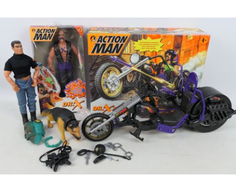 Hasbro - Action Man - A boxed Dr X and a boxed Dr X Chopper Motorbike with an unboxed Crime Buster figure with dog and access