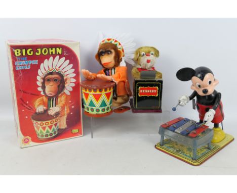 Marx - Alps - 3 x models, a clockwork Mickey Mouse with xylophone, a battery powered piano playing bear and a boxed Big John 