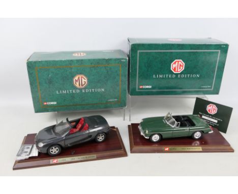 Corgi - 2 x boxed 1:18 scale limited edition Corgi MG die-cast models - Lot includes a #95105 MGF vehicle in black livery (Mo