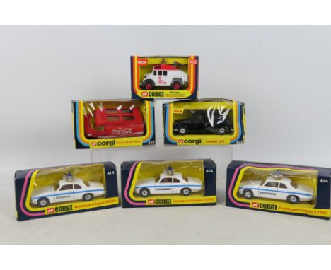 Corgi - Unsold Shop Stock - 6 x boxed models, Coca Cola van # 437, Riot Police Truck # 422, 4 x Coastguard Jaguar XJ12C # 414