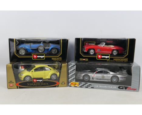 Maisto - Bburago - Four boxed 1:18 scale diecast model cars. Lot consists of Maisto CLK LM; Bburago #3023 Mercedes 300SL Road