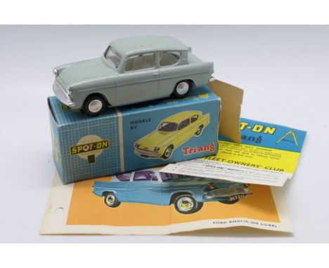 Spot-On - A boxed Spot-On #213 Ford Anglia. The model in grey with white interior, spun hubs, chrome trim and black steering 