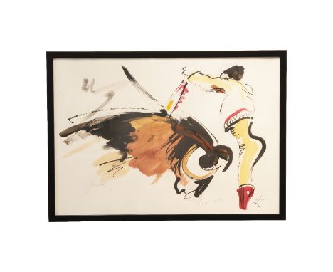 Alois Janak * (1924), Frau mit Hummel, 20 Jahrhundert, Mischtechnik auf Papier, monogrammiert unten links Janak und nummerier