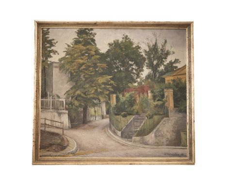 Max Neuboeck (1893-1960), Hausansicht mit Straße, 1944, Oel auf Leinwand. Max Neuboeck war als Landschafts-, Genre- und Portr