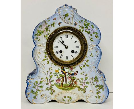 A porcelain mantle clock with birds of paradise to front AF (H30cm W26cm)