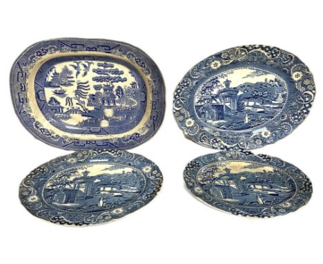 Large quantity of blue and white china, to include Willow pattern, Copeland Spode Italian, Ridgeway, (A Lot).
