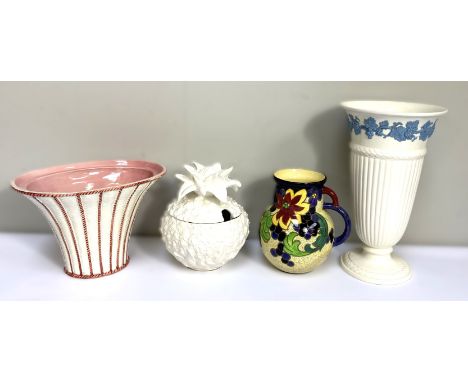 A Wedgewood Queen's ware vase, 33 cm, also a Tuscan decoro jug, pineapple serving dish, and Italian basket weave ceramic vase