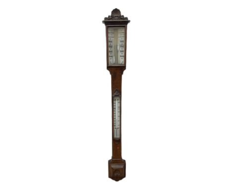 A Victorian oak framed stick barometer, signed James Brown, Glasgow, with external mounted thermometer, 103cm high