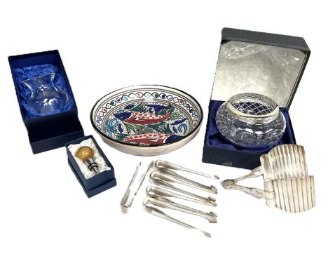 A Stuart Crystal rose bowl in original box, a Stuart Crystal vase, wine stopper, ceramic bowl and tongs, (A Lot).