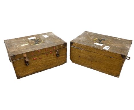 A pair of oak metal lined traveling trunks with vintage travel labels, 40 x 88 x 60 cm, (2).