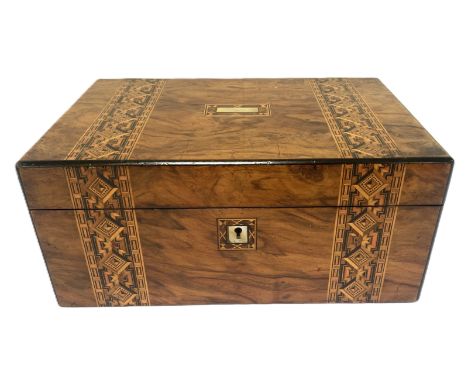 A Victorian Tunbridgeware writing slope with mother of pearl inlay, 16 x 35 x 24 cm.  The writing slope is in good overall co